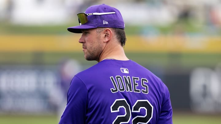Peoria, Arizona, USA; Colorado Rockies outfielder Nolan Jones against the San Diego Padres during a spring training game at Peoria Sports Complex.