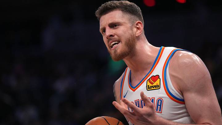 Jan 29, 2025; San Francisco, California, USA; Oklahoma City Thunder center Isaiah Hartenstein (55) reacts after play against the Golden State Warriors in the third quarter at the Chase Center. Mandatory Credit: Cary Edmondson-Imagn Images