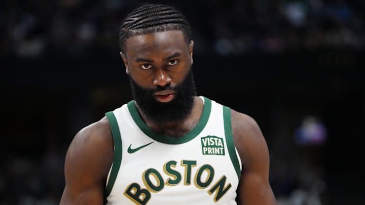 Mar 7, 2024; Denver, Colorado, USA; Boston Celtics guard Jaylen Brown (7) during the fourth quarter against the Denver Nuggets  at Ball Arena. Mandatory Credit: Ron Chenoy-Imagn Images
