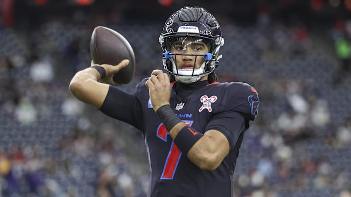 Dec 15, 2024; Houston, Texas, USA; Houston Texans quarterback C.J. Stroud (7) warms up before the game against the Baltimore Ravens at NRG Stadium. Mandatory Credit: Troy Taormina-Imagn Images Dec 15, 2024; Houston, Texas, USA; Houston Texans quarterback C.J. Stroud (7) warms up before the game against the Baltimore Ravens at NRG Stadium. Mandatory Credit: Troy Taormina-Imagn Images