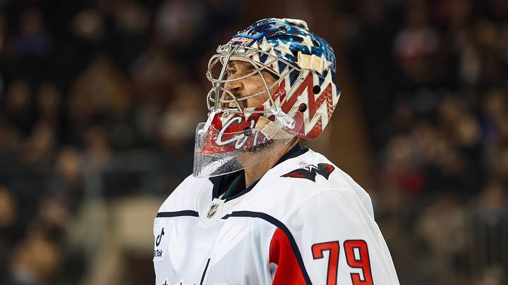 Apr 5, 2026; New York, New York, USA; Washington Capitals goalie Charlie Lindgren (79) during the third period against the New York Rangers at Madison Square Garden. Apr 5, 2026; New York, New York, USA; Washington Capitals goalie Charlie Lindgren (79) during the third period against the New York Rangers at Madison Square Garden.