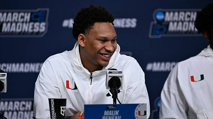 Mar 19, 2026; St. Louis, MO, USA; Miami (FL) Hurricanes forward Malik Reneau reacts to the median during a practice session ahead of the first round of the men's 2026 NCAA Tournament at Enterprise Center. Mandatory Credit: Jeff Le-Imagn Images Mar 19, 2026; St. Louis, MO, USA; Miami (FL) Hurricanes forward Malik Reneau reacts to the median during a practice session ahead of the first round of the men's 2026 NCAA Tournament at Enterprise Center. Mandatory Credit: Jeff Le-Imagn Images