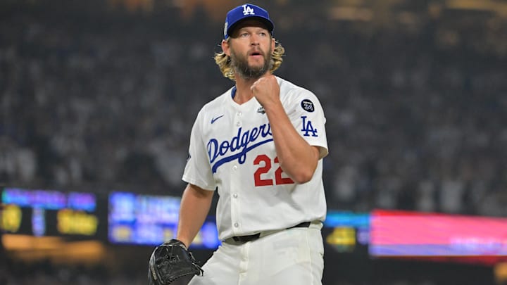 Los Angeles Dodgers pitcher Clayton Kershaw (22) reacts in the twelfth inning against the Toronto Blue Jays during game three of the 2025 MLB World Series at Dodger Stadium. Los Angeles Dodgers pitcher Clayton Kershaw (22) reacts in the twelfth inning against the Toronto Blue Jays during game three of the 2025 MLB World Series at Dodger Stadium.
