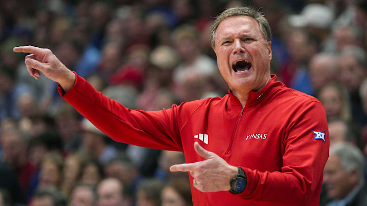 Feb 3, 2025; Lawrence, Kansas, USA; Kansas Jayhawks head coach Bill Self reacts during the first half against the Iowa State Cyclones at Allen Fieldhouse. Mandatory Credit: Jay Biggerstaff-Imagn Images