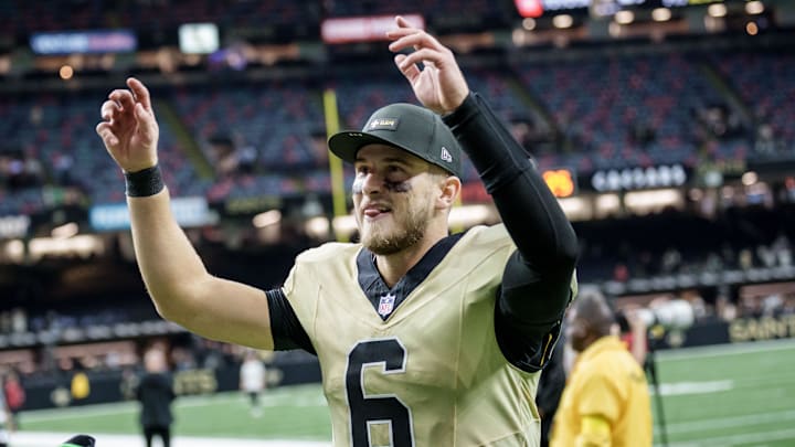 Dec 21, 2025; New Orleans, Louisiana, USA; New Orleans Saints quarterback Tyler Shough (6) smiles as he leaves the field after a game against the New York Jets at Caesars Superdome. Mandatory Credit: Matthew Hinton-Imagn Images
