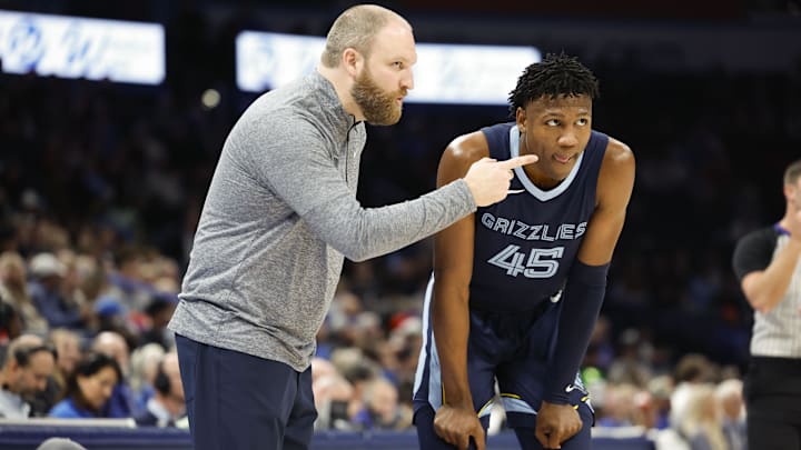 Dec 18, 2023; Oklahoma City, Oklahoma, USA; Memphis Grizzlies head coach Taylor Jenkins talks with forward GG Jackson (45) during the second half at Paycom Center. Mandatory Credit: Alonzo Adams-USA TODAY Sports
