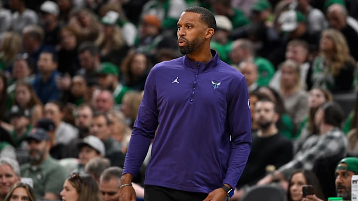 Apr 11, 2025; Boston, Massachusetts, USA; Charlotte Hornets head coach Charles Lee looks on during the first half against the Boston Celtics at TD Garden. Mandatory Credit: Eric Canha-Imagn Images