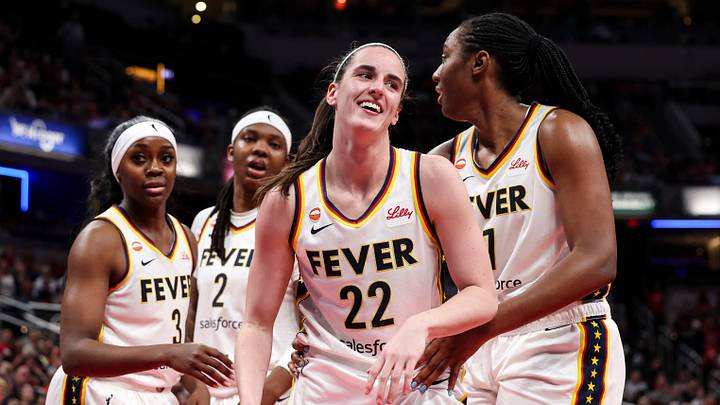 Indiana Fever guard Caitlin Clark (22) stands up Tuesday, June 16, 2026, during the second half of a game at Gainbridge Fieldhouse in Indianapolis. The Indiana Fever defeated the Toronto Tempo, 113-91.