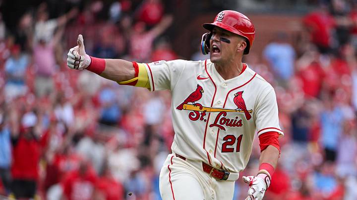 Jun 6, 2026; St. Louis, Missouri, USA; St. Louis Cardinals center fielder Lars Nootbaar (21) reacts after hitting a go ahead two run home run against the Cincinnati Reds during the eighth inning at Busch Stadium. Mandatory Credit: Jeff Curry-Imagn Images