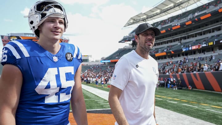 Aug 23, 2025; Cincinnati, Ohio, USA; Indianapolis Colts tight end Maximilian Mang (45) walks off the field with Indianapolis Colts head coach Shane Steichen on after defeating the Cincinnati Bengals at Paycor Stadium. Mandatory Credit: Christine Tannous-USAToday Network via Imagn Images