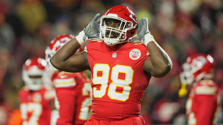 Jan 18, 2025; Kansas City, Missouri, USA; Kansas City Chiefs defensive tackle Tershawn Wharton (98) reacts during the fourth quarter of a 2025 AFC divisional round game against the Houston Texans at GEHA Field at Arrowhead Stadium. Mandatory Credit: Jay Biggerstaff-Imagn Images