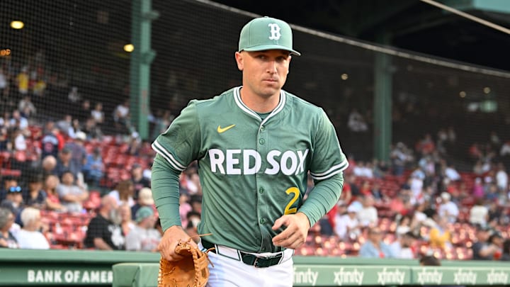 May 16, 2025; Boston, Massachusetts, USA; Boston Red Sox third baseman Alex Bregman (2) runs out of the dugout before the start of a game against the Atlanta Braves at Fenway Park. Mandatory Credit: Eric Canha-Imagn Images