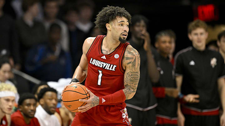 Feb 17, 2026; Dallas, Texas, USA; Louisville Cardinals guard Ryan Conwell (3) controls the ball against the SMU Mustangs during the second half at Moody Coliseum. Mandatory Credit: Jerome Miron-Imagn Images Feb 17, 2026; Dallas, Texas, USA; Louisville Cardinals guard Ryan Conwell (3) controls the ball against the SMU Mustangs during the second half at Moody Coliseum. Mandatory Credit: Jerome Miron-Imagn Images