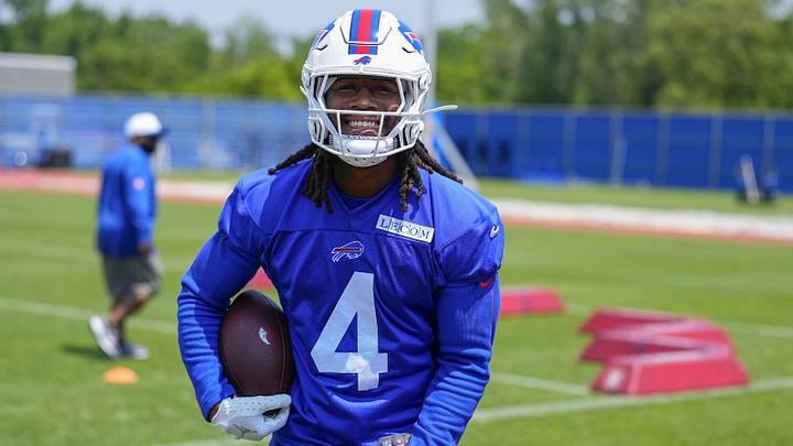 Buffalo Bills running back James Cook (4) during Minicamp at Highmark Stadium. Buffalo Bills running back James Cook (4) during Minicamp at Highmark Stadium.