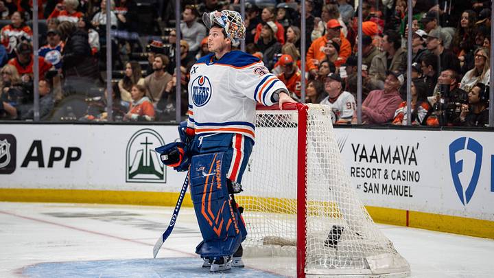 Apr 26, 2026; Anaheim, California, USA; Edmonton Oilers goaltender Tristan Jarry (35) stands in goal during the second period against the Anaheim Ducks in game four of the first round of the 2026 Stanley Cup Playoffs at Honda Center. Mandatory Credit: Corinne Votaw-Imagn Images
