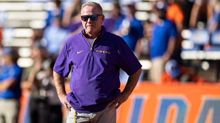 Nov 16, 2024; Gainesville, Florida, USA; LSU Tigers head coach Brian Kelly looks on before a game against the Florida Gators at Ben Hill Griffin Stadium. Mandatory Credit: Matt Pendleton-Imagn Images Nov 16, 2024; Gainesville, Florida, USA; LSU Tigers head coach Brian Kelly looks on before a game against the Florida Gators at Ben Hill Griffin Stadium. Mandatory Credit: Matt Pendleton-Imagn Images