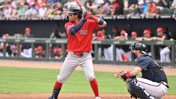 Feb 27, 2026; North Port, Florida, USA; Boston Red Sox second baseman Marcelo Mayer (11) bats in the second inning against the Atlanta Braves during spring training at CoolToday Park. Mandatory Credit: Jonathan Dyer-Imagn Images