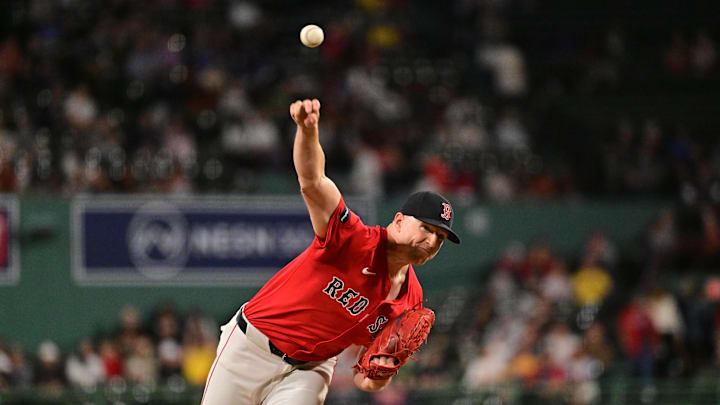 Sep 27, 2024; Boston, Massachusetts, USA; Boston Red Sox starting pitcher Nick Pivetta (37) pitches against the Tampa Bay Rays during first inning at Fenway Park.