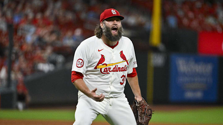 St. Louis, Missouri, USA;  St. Louis Cardinals starting pitcher Lance Lynn (31) reacts after inning ending double play against the Pittsburgh Pirates during the fifth inning at Busch Stadium.