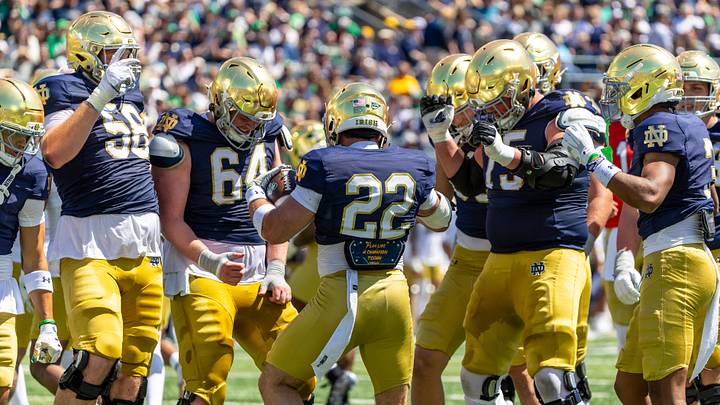 Apr 25, 2026; Notre Dame, IN, USA; Notre Dame Fighting Irish running back Aneyas Williams (22) celebrates scoring during the Blue-Gold game at Notre Dame Stadium. Mandatory Credit: Michael Caterina-Imagn Images Apr 25, 2026; Notre Dame, IN, USA; Notre Dame Fighting Irish running back Aneyas Williams (22) celebrates scoring during the Blue-Gold game at Notre Dame Stadium. Mandatory Credit: Michael Caterina-Imagn Images