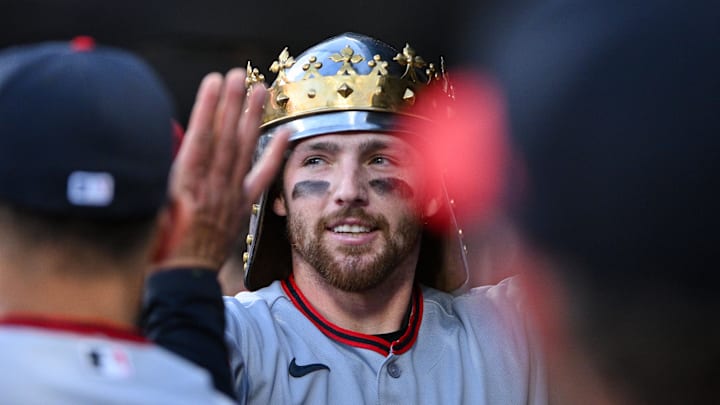 Apr 14, 2026; St. Louis, Missouri, USA; Cleveland Guardians second baseman Daniel Schneemann (10) is congratulated by teammates after hitting a solo home run against the St. Louis Cardinals during the second inning at Busch Stadium. Mandatory Credit: Jeff Curry-Imagn Images
