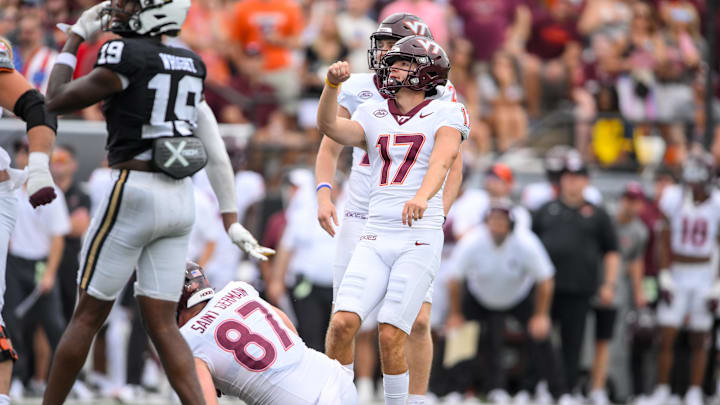 Aug 31, 2024; Nashville, Tennessee, USA; Virginia Tech Hokies place kicker John Love (17) kicks a field goal against the Vanderbilt Commodores during the first half at FirstBank Stadium. Mandatory Credit: Steve Roberts-Imagn Images Aug 31, 2024; Nashville, Tennessee, USA; Virginia Tech Hokies place kicker John Love (17) kicks a field goal against the Vanderbilt Commodores during the first half at FirstBank Stadium. Mandatory Credit: Steve Roberts-Imagn Images