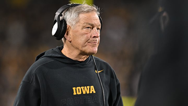 Nov 18, 2023; Iowa City, Iowa, USA; Iowa Hawkeyes head coach Kirk Ferentz looks on during the fourth