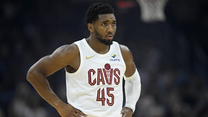 Nov 13, 2025; Cleveland, Ohio, USA; Cleveland Cavaliers guard Donovan Mitchell (45) stands on the court in the first quarter against the Toronto Raptors at Rocket Arena. Mandatory Credit: David Richard-Imagn Images Nov 13, 2025; Cleveland, Ohio, USA; Cleveland Cavaliers guard Donovan Mitchell (45) stands on the court in the first quarter against the Toronto Raptors at Rocket Arena. Mandatory Credit: David Richard-Imagn Images
