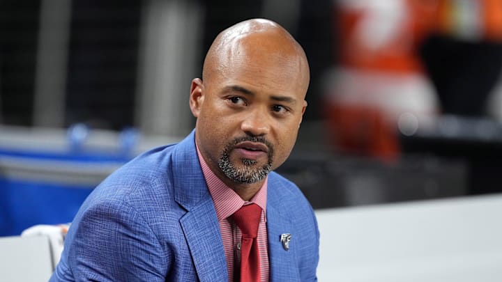 Dec 16, 2024; Paradise, Nevada, USA; Atlanta Falcons general manager Terry Fontenot reacts during the game against the Las Vegas Raiders at Allegiant Stadium. Mandatory Credit: Kirby Lee-Imagn Images