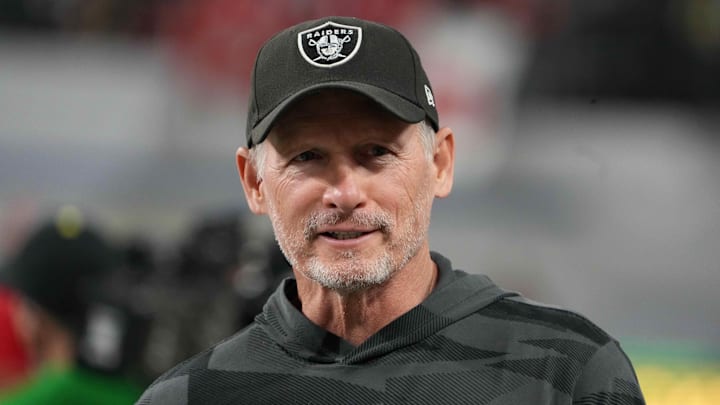 Dec 3, 2021; Las Vegas, NV, USA; Las Vegas Raiders general manager Mike Mayock reacts during the 2021 Pac-12 Championship Game at Allegiant Stadium. Mandatory Credit: Kirby Lee-Imagn Images Dec 3, 2021; Las Vegas, NV, USA; Las Vegas Raiders general manager Mike Mayock reacts during the 2021 Pac-12 Championship Game at Allegiant Stadium. Mandatory Credit: Kirby Lee-Imagn Images