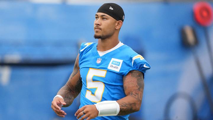 Jul 21, 2025; El Segundo, CA, USA; Los Angeles Chargers quarterback Trey Lance (5) at training camp at The Bolt. Mandatory Credit: Kirby Lee-Imagn Images