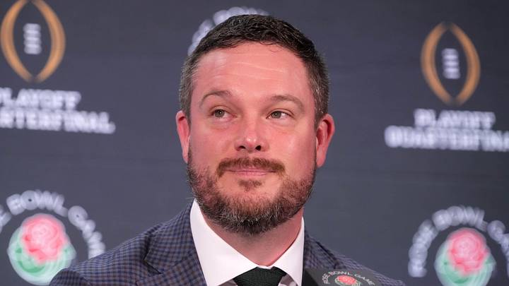Dec 31, 2024; Los Angeles, California, USA; Oregon Ducks head coach Dan Lanning during the Rose Bowl head coaches press conference at Sheraton Grand LA. Mandatory Credit: Kirby Lee-Imagn Images Dec 31, 2024; Los Angeles, California, USA; Oregon Ducks head coach Dan Lanning during the Rose Bowl head coaches press conference at Sheraton Grand LA. Mandatory Credit: Kirby Lee-Imagn Images