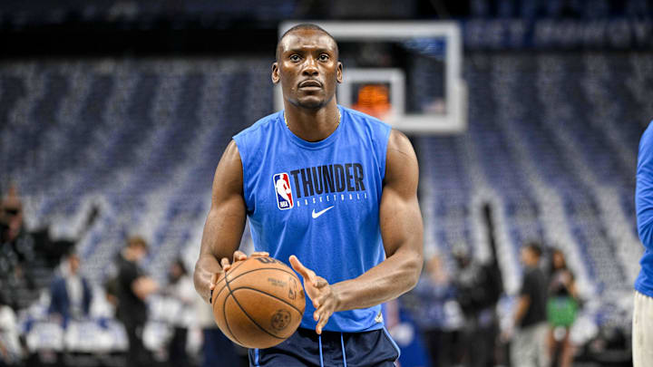 May 13, 2024; Dallas, Texas, USA; Oklahoma City Thunder center Bismack Biyombo (15) warms up before the game between the Dallas Mavericks and the Oklahoma City Thunder in game four of the second round for the 2024 NBA playoffs at American Airlines Center. Mandatory Credit: Jerome Miron-Imagn Images
