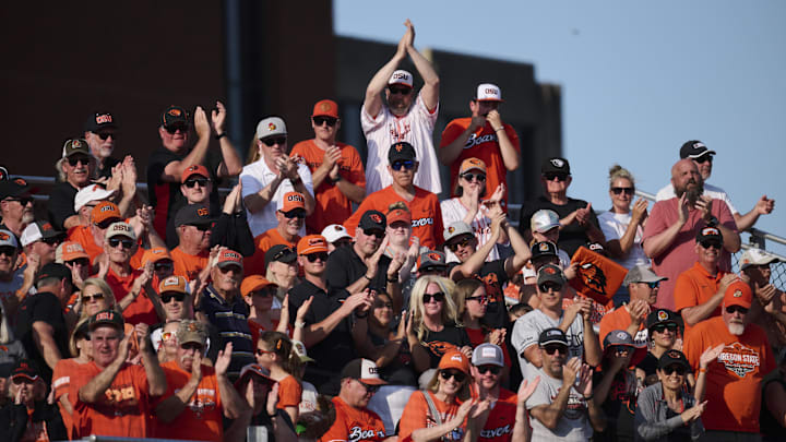 Jun 1, 2025; Corvallis, OR, USA; Oregon St. fans applaud pitcher Ethan Kleinschmit (24) in the ninth inning against Saint Mary's at the NCAA Corvallis Regional at Goss Stadium. Mandatory Credit: Troy Wayrynen-Imagn Images