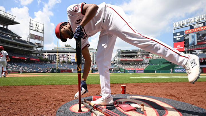 Jul 2, 2025; Washington, District of Columbia, USA; Washington Nationals left fielder James Wood (29) prepares for an at bat against the Detroit Tigers during the fifth inning at Nationals Park. 