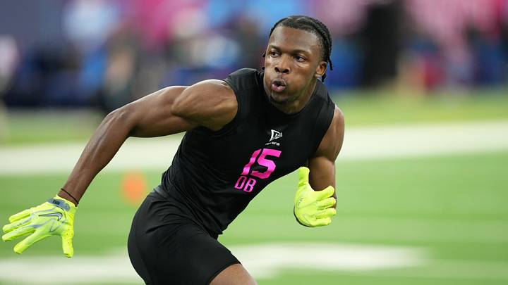Feb 27, 2026; Indianapolis, IN, USA; Ohio State defensive back Davison Igbinosun (DB15) during the NFL Scouting Combine at Lucas Oil Stadium.