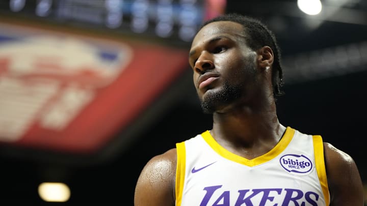 Jul 15, 2024; Las Vegas, NV, USA; Los Angeles Lakers guard Bronny James (9) competes against the Boston Celtics during the second half at Thomas & Mack Center. Mandatory Credit: Lucas Peltier-Imagn Images
