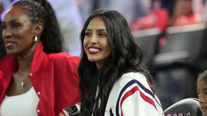 Vanessa Bryant looks on before the women's gold medal game between France and the United States at the Olympics. 
