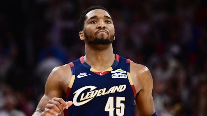 May 9, 2026; Cleveland, Ohio, USA; Cleveland Cavaliers guard Donovan Mitchell (45) reacts after the Cavaliers beat the Detroit Pistons in game three in the second round of the 2026 NBA Playoffs at Rocket Arena. Mandatory Credit: Ken Blaze-Imagn Images