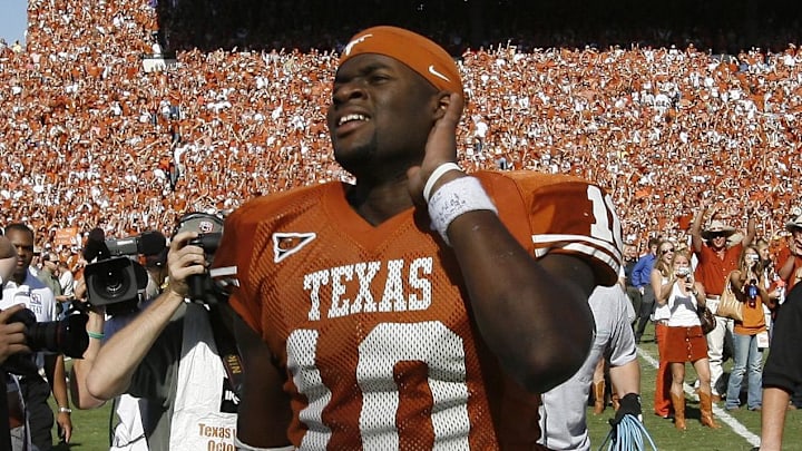 Oct 8, 2005; Texas Longhorns quarterback Vince Young celebrates a win against the Oklahoma Sooners during the Red River Shootout at the Cotton Bowl. The Longhorns beat the Sooners 45-12. Oct 8, 2005; Texas Longhorns quarterback Vince Young celebrates a win against the Oklahoma Sooners during the Red River Shootout at the Cotton Bowl. The Longhorns beat the Sooners 45-12.