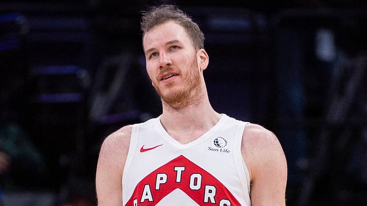 Jan 5, 2024; Sacramento, California, USA; Toronto Raptors center Jakob Poeltl (19) reacts after committing his sixth foul of the game during the fourth quarter against the Sacramento Kings at Golden 1 Center. Mandatory Credit: Ed Szczepanski-USA TODAY Sports