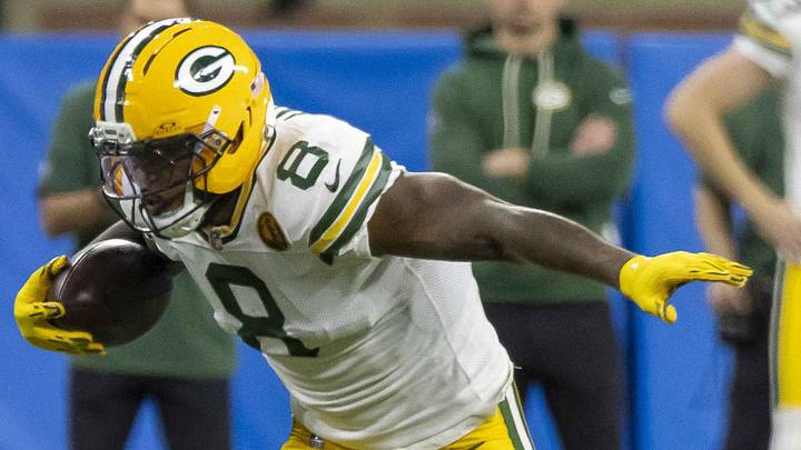 Nov 27, 2025; Detroit, Michigan, USA; Green Bay Packers running back Josh Jacobs (8) runs the ball against the Detroit Lions during the first quarter at Ford Field. Mandatory Credit: David Reginek-Imagn Images