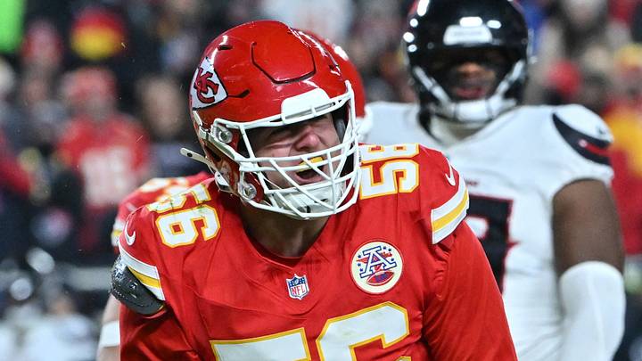 Dec 7, 2025; Kansas City, Missouri, USA; Kansas City Chiefs defensive end George Karlaftis (56) celebrates after a tackle during the first quarter against the Houston Texans at GEHA Field at Arrowhead Stadium. Mandatory Credit: Amy Kontras-Imagn Images Dec 7, 2025; Kansas City, Missouri, USA; Kansas City Chiefs defensive end George Karlaftis (56) celebrates after a tackle during the first quarter against the Houston Texans at GEHA Field at Arrowhead Stadium. Mandatory Credit: Amy Kontras-Imagn Images