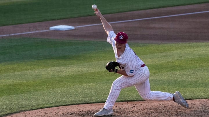 Gamecocks utility Chris Veach (37) pitches against the Gators in Game 2 of the NCAA Super Regionals,