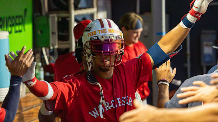 Worcester’s Kristian Campbell celebrates a two-run home run in the fifth inning against Lehigh Valley July 29 at Polar Park.