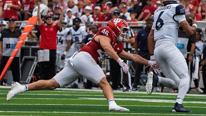 Indiana's Isaiah Jones (46) pressues Howard's Ja'Shawn Scroggins (6) during the Indiana versus Howard football game at Memorial Stadium on Saturday, Sept. 12, 2026.