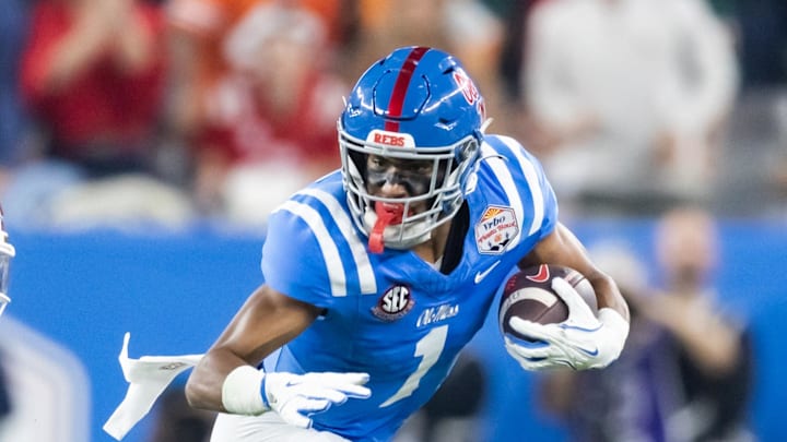 Jan 8, 2026; Glendale, AZ, USA; Mississippi Rebels wide receiver De'Zhaun Stribling (1) against the Miami Hurricanes during the 2026 Fiesta Bowl and semifinal game of the College Football Playoff at State Farm Stadium. Mandatory Credit: Mark J. Rebilas-Imagn Images