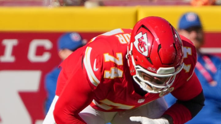 Nov 23, 2025; Kansas City, Missouri, USA; Kansas City Chiefs offensive tackle Jawaan Taylor (74) on field against the Indianapolis Colts during the game at GEHA Field at Arrowhead Stadium. Nov 23, 2025; Kansas City, Missouri, USA; Kansas City Chiefs offensive tackle Jawaan Taylor (74) on field against the Indianapolis Colts during the game at GEHA Field at Arrowhead Stadium.