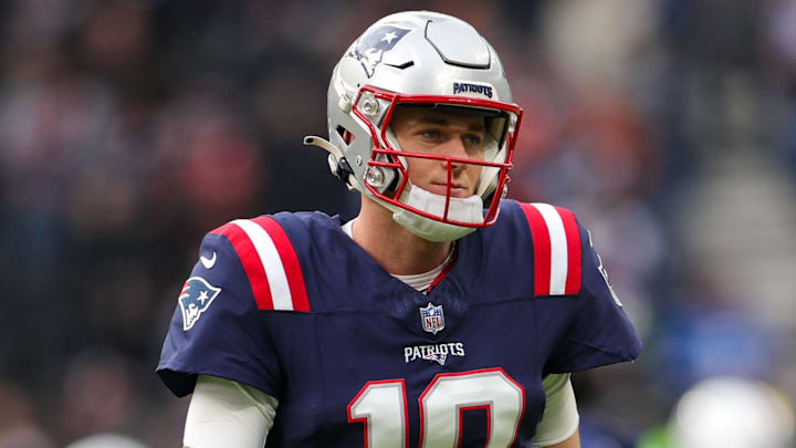 Nov 12, 2023; Frankfurt, Germany;  New England Patriots quarterback Mac Jones (10) warms up before a