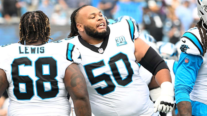 Sep 15, 2024; Charlotte, North Carolina, USA; Carolina Panthers guard Damien Lewis (68) and guard Robert Hunt (50) before the game at Bank of America Stadium. Sep 15, 2024; Charlotte, North Carolina, USA; Carolina Panthers guard Damien Lewis (68) and guard Robert Hunt (50) before the game at Bank of America Stadium.